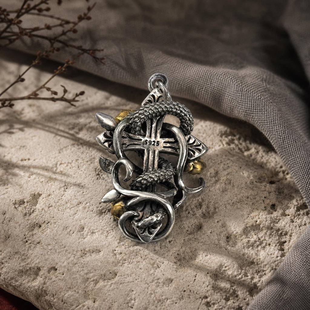 S925 Sterling Silver Snake & Rose Cross Pendant – Gothic Medieval Style Jewelry Free Customization Engraving