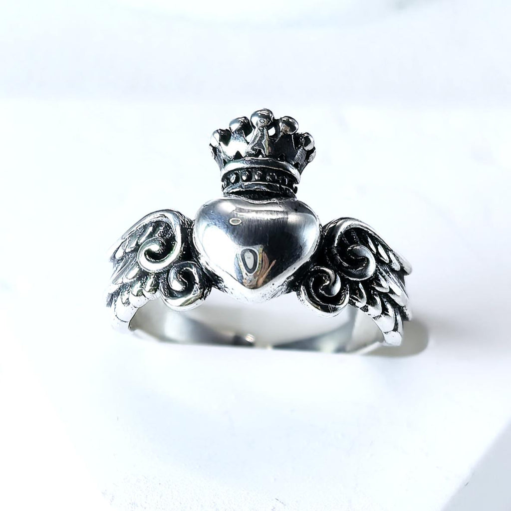 Sterling Silver Crowned Heart Ring – Winged Claddagh Style, Adjustable Band