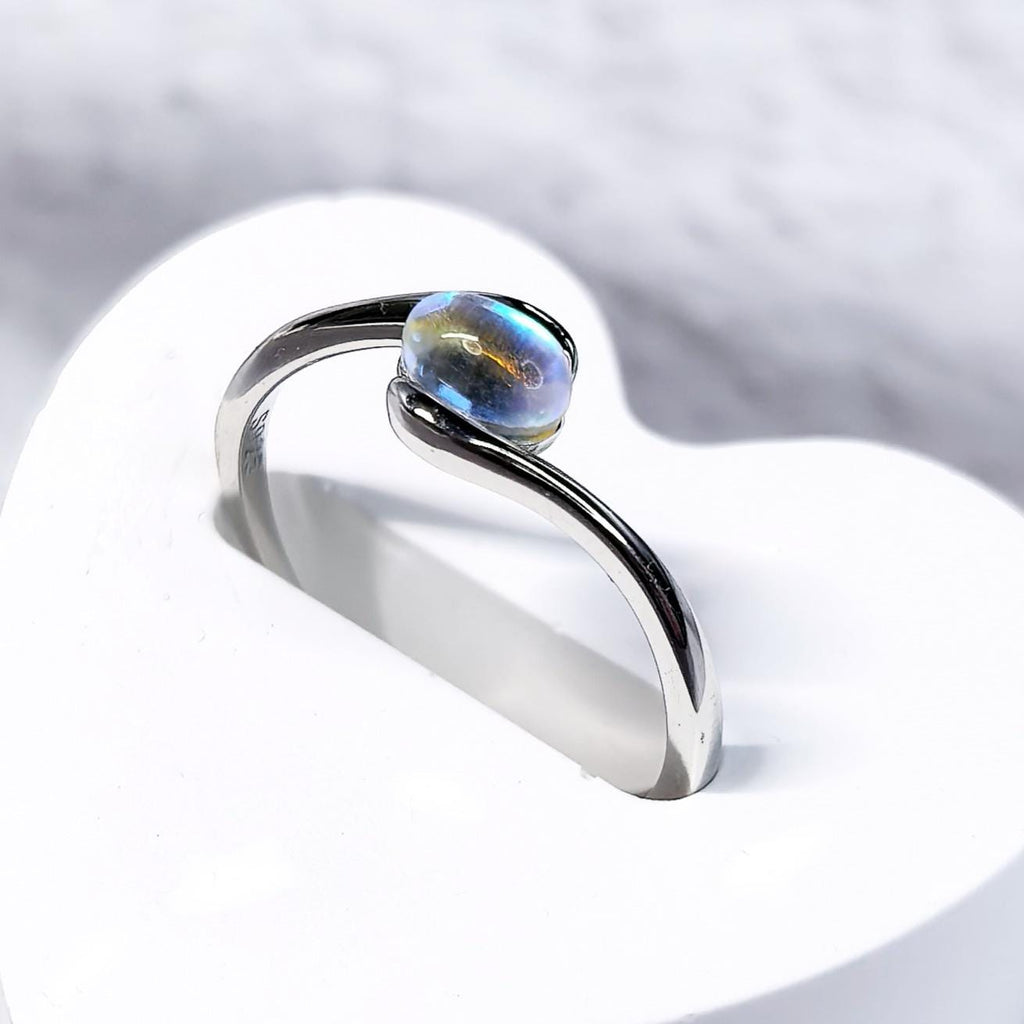 Iridescent Opalite Moonstone Ring: Adjustable Sterling Silver S925 - Moonstone Glow
