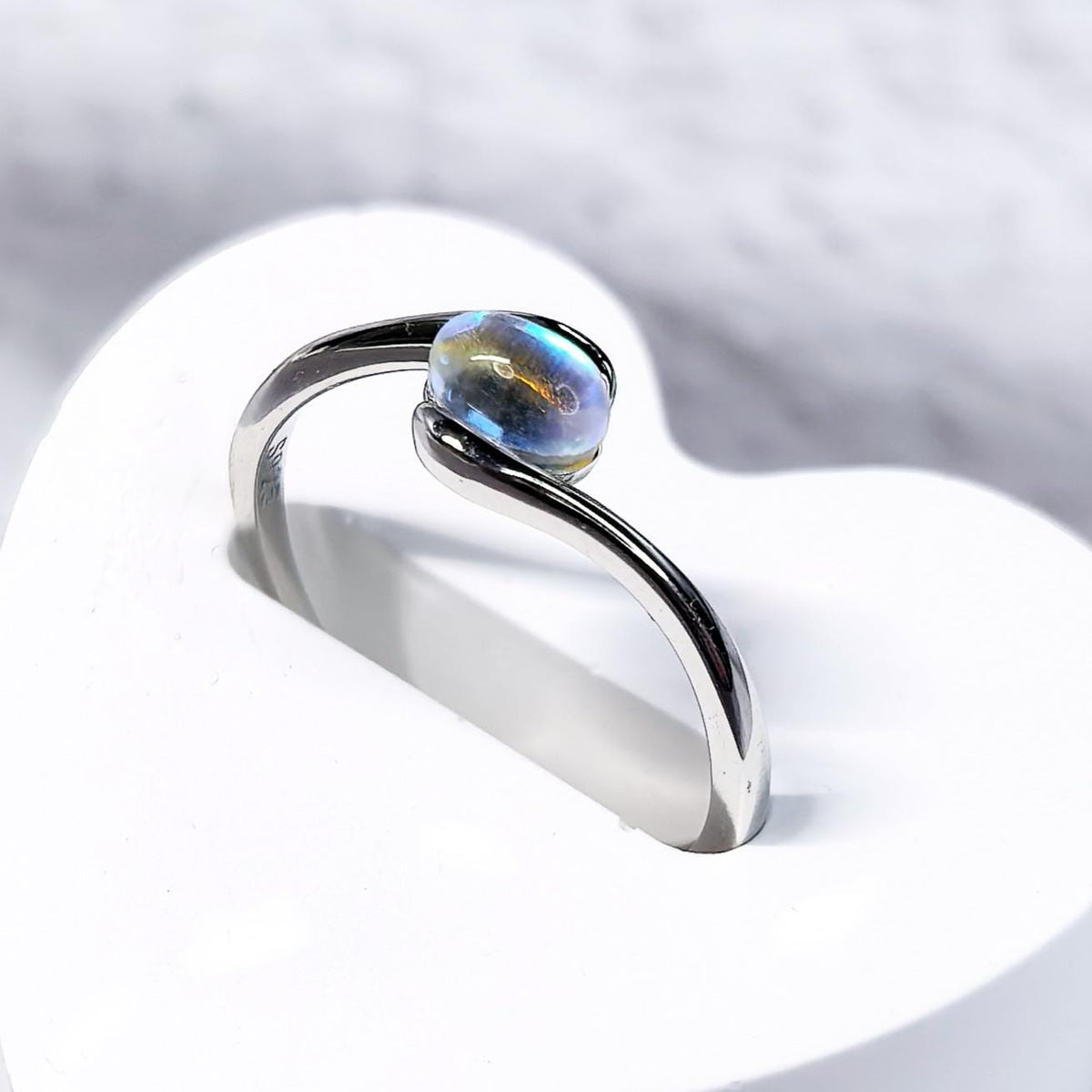 Iridescent Opalite Moonstone Ring: Adjustable Sterling Silver S925 - Moonstone Glow