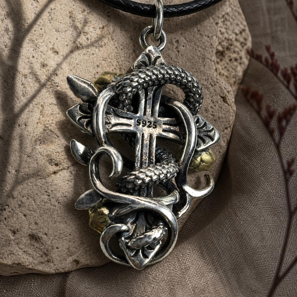 S925 Sterling Silver Snake & Rose Cross Pendant – Gothic Medieval Style Jewelry Free Customization Engraving