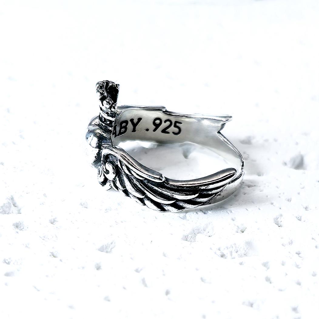 Sterling Silver Crowned Heart Ring – Winged Claddagh Style, Adjustable Band