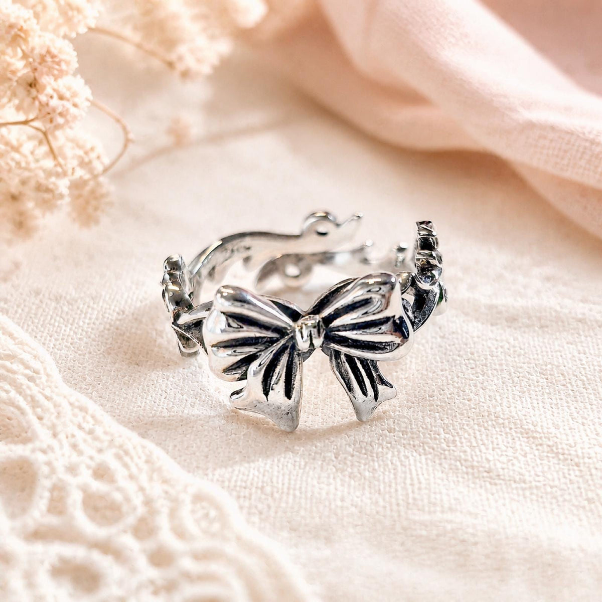 S925 Brand New Sterling Silver Bow Ring: Unique Design Adjustable Ribbon Jewelry