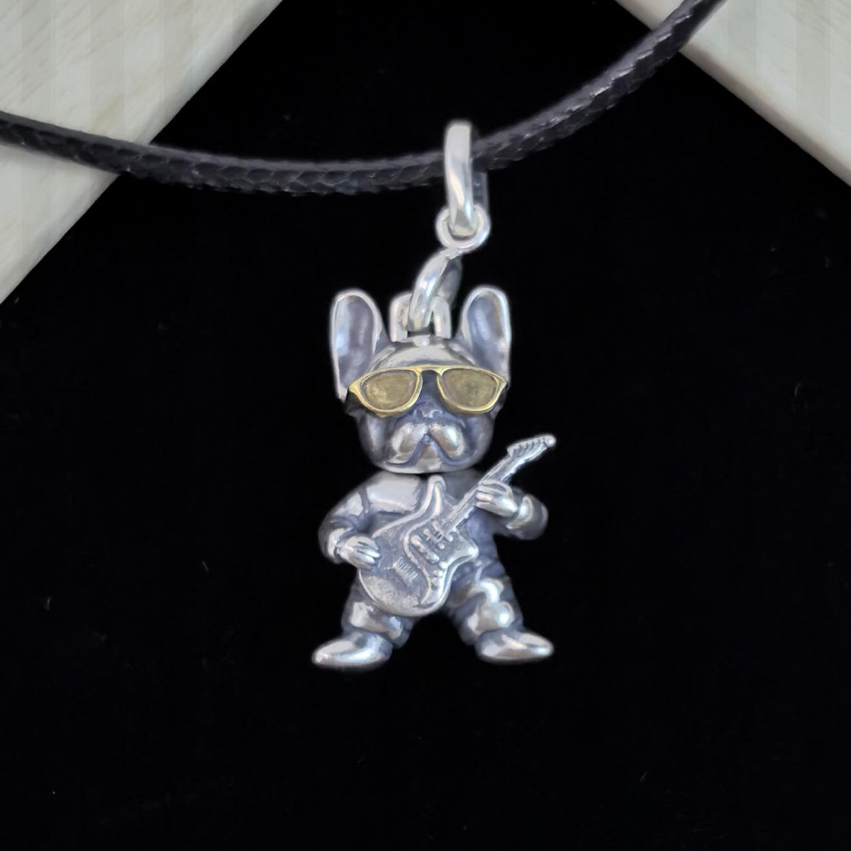 Sterling Silver Bulldog Guitar Pendant: Custom Engraved Dog Lover Necklace