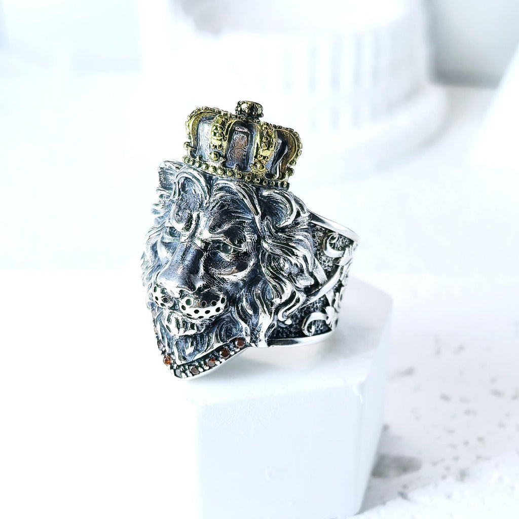 Sterling Silver 925 Lion Head Crown Ring Heavy Gothic Biker Statement