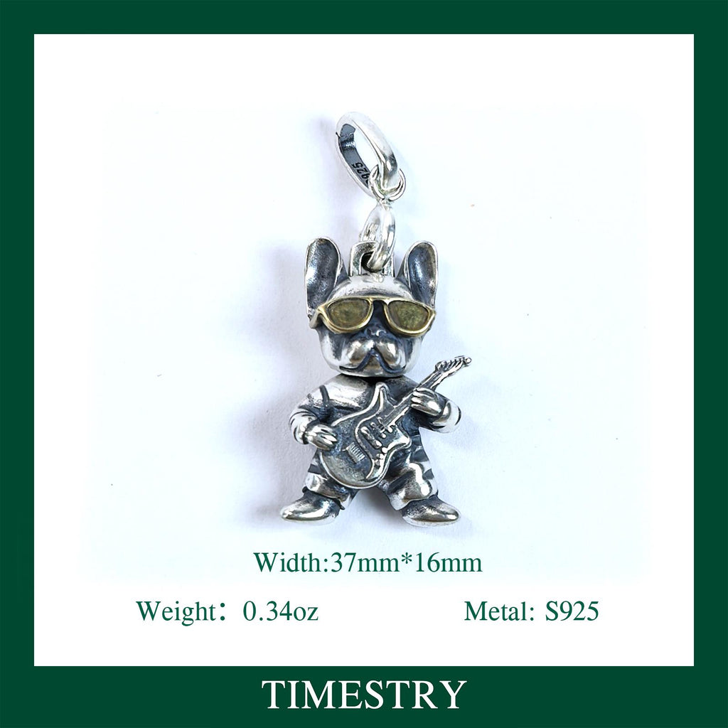 Sterling Silver Bulldog Guitar Pendant: Custom Engraved Dog Lover Necklace