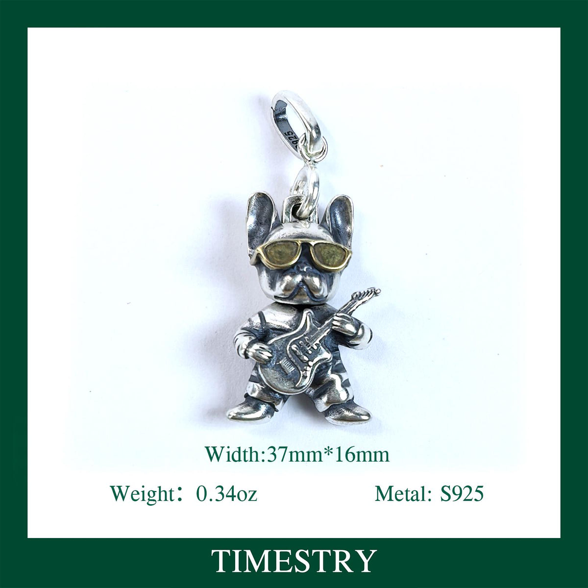 Sterling Silver Bulldog Guitar Pendant: Custom Engraved Dog Lover Necklace