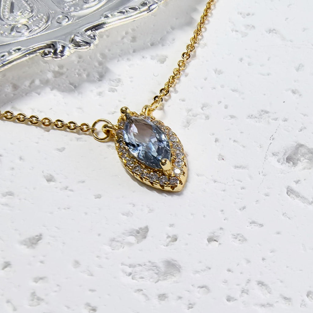 Eye of the Ocean- Natural Aquamarine S925 Sterling Silver Necklace with 18K Gold-Plated Zircon Border