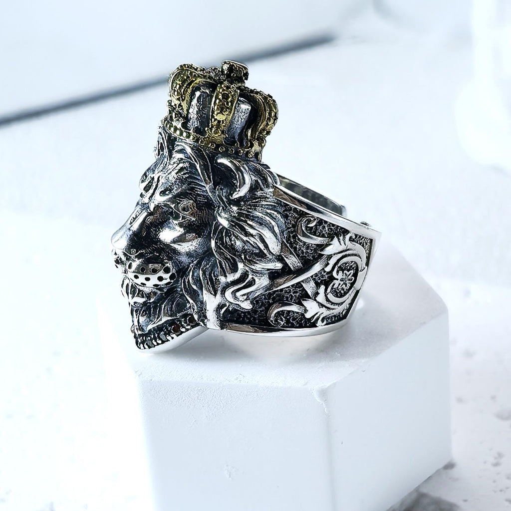 Sterling Silver 925 Lion Head Crown Ring Heavy Gothic Biker Statement