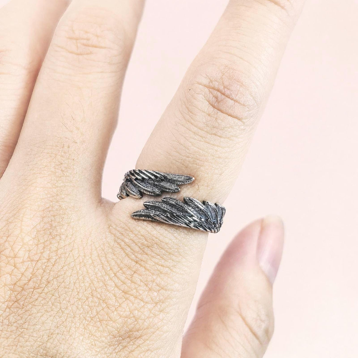 Sterling Silver Angel Wing Ring: Adjustable Feather Jewelry, Free Engraving