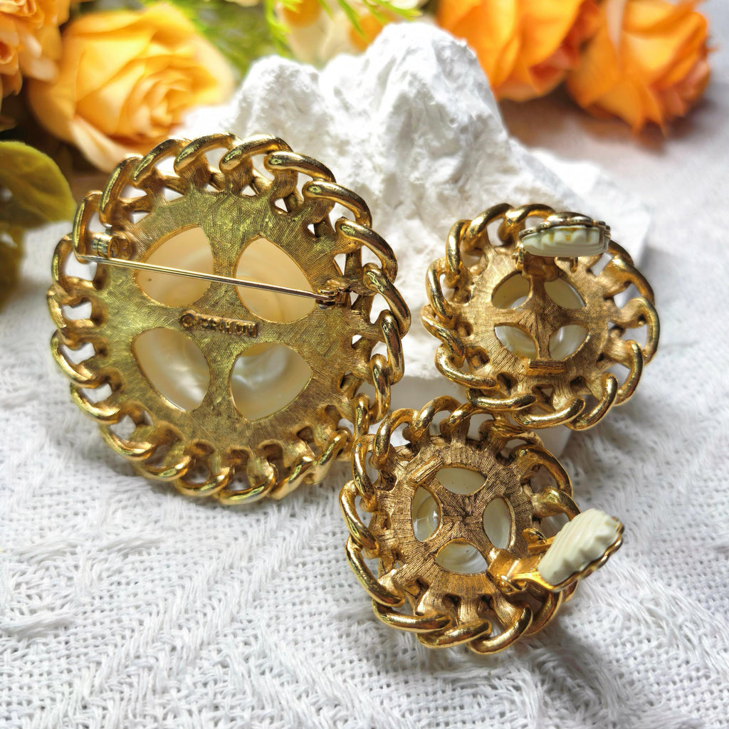 Rare Set - 1950s Vintage Sarah Coventry Faux Pearl Brooch & Earrings Set Gold Tone Statement Jewelry Signed Sarah Cov Costume Jewelry