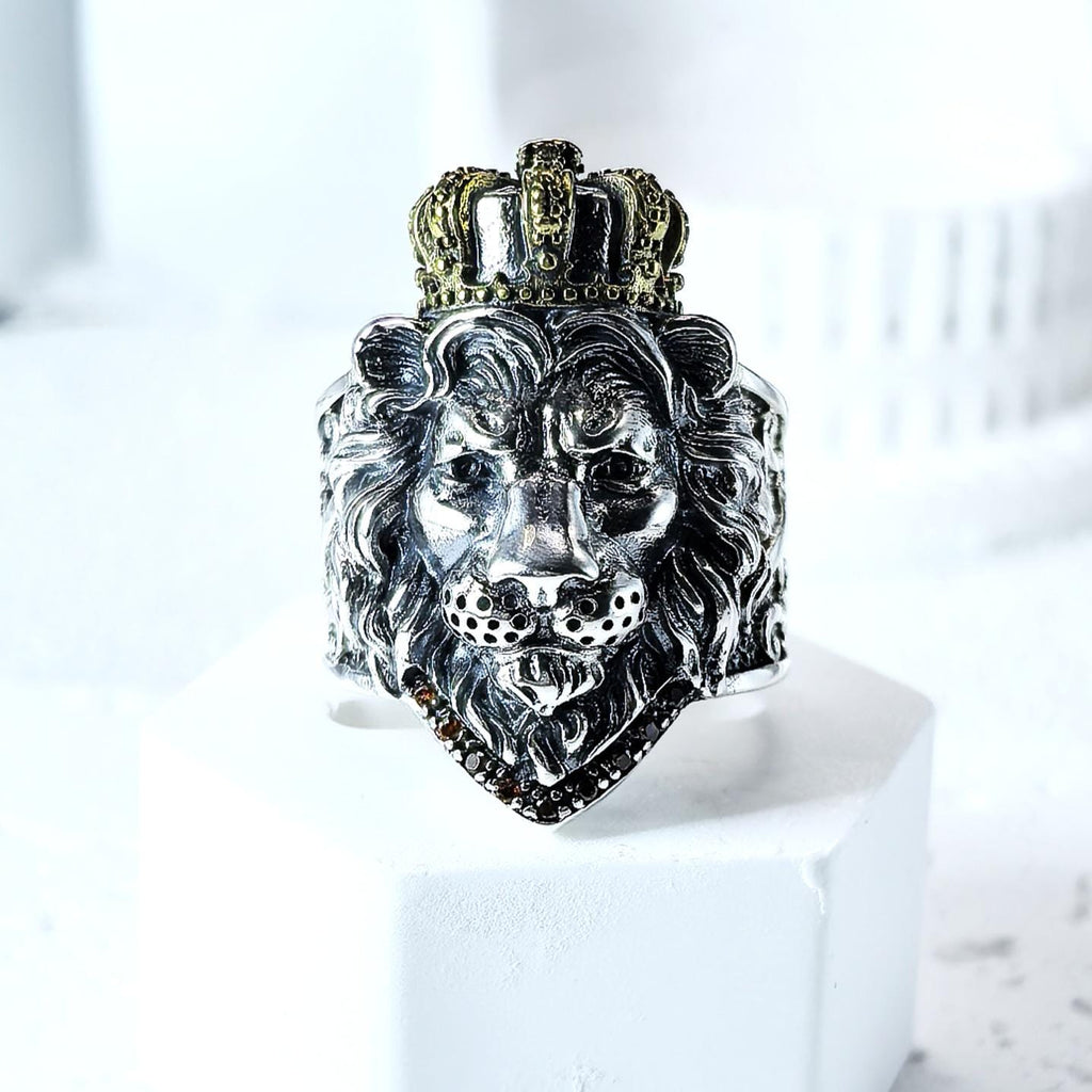 Sterling Silver 925 Lion Head Crown Ring Heavy Gothic Biker Statement