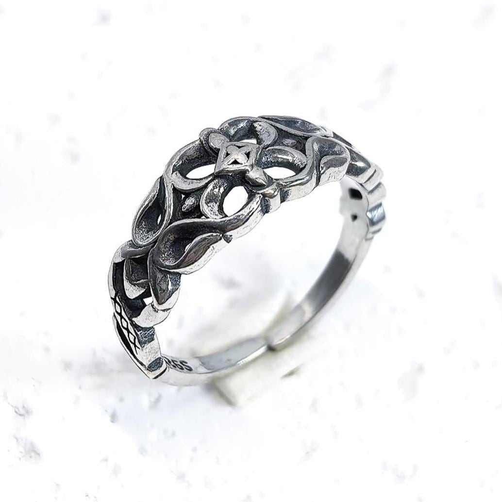 925 Sterling Silver Oxidized Floral Vine Ring Vintage Style Openwork Band Gift