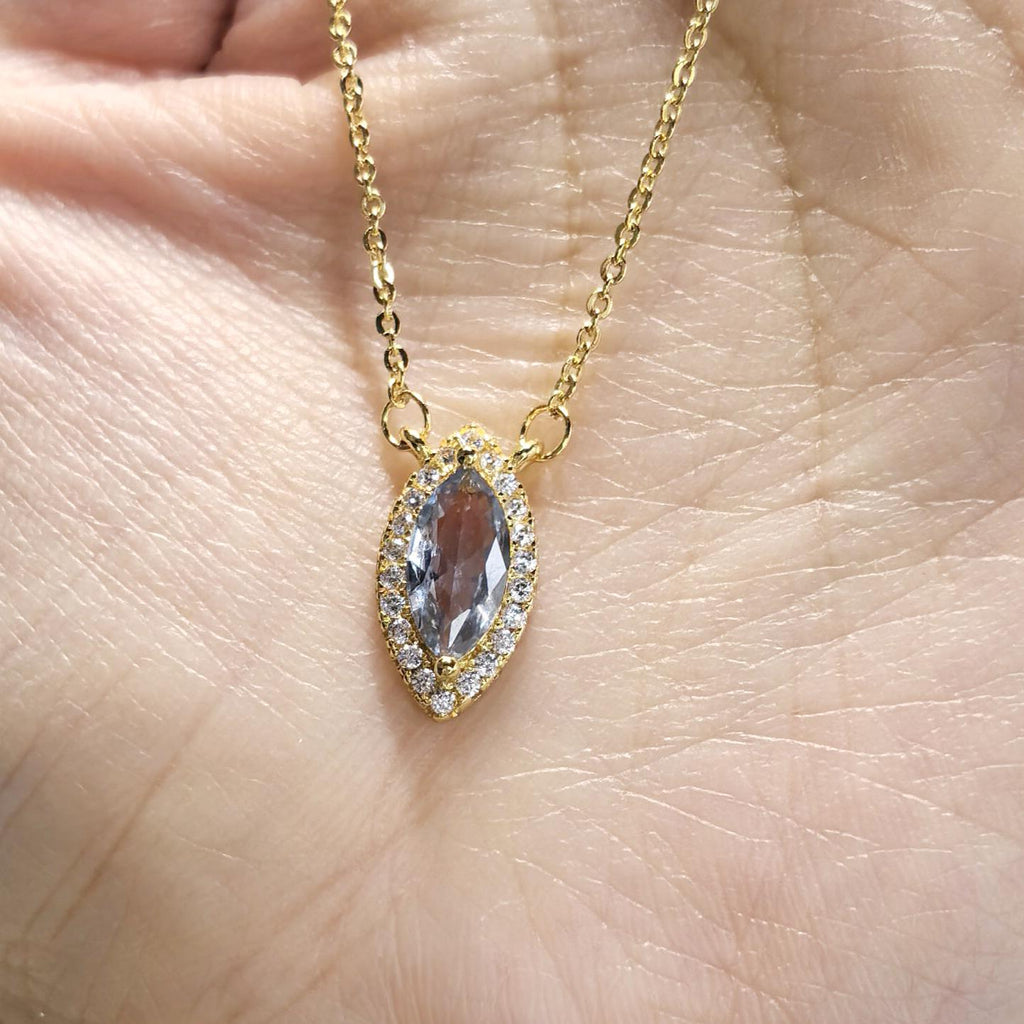 Eye of the Ocean- Natural Aquamarine S925 Sterling Silver Necklace with 18K Gold-Plated Zircon Border