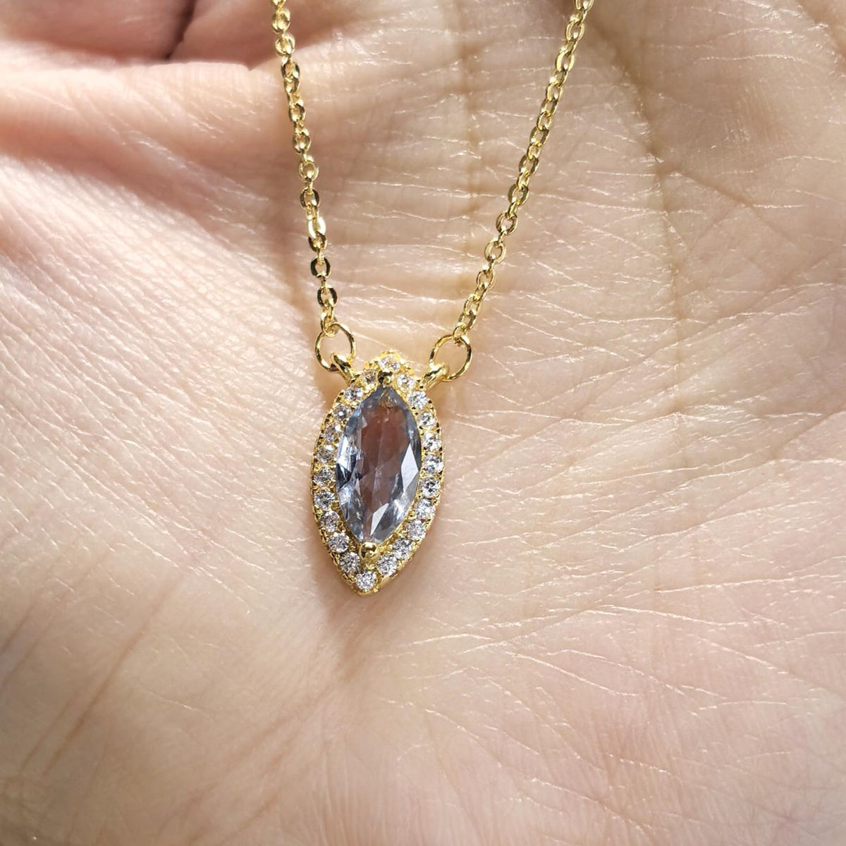 Eye of the Ocean- Natural Aquamarine S925 Sterling Silver Necklace with 18K Gold-Plated Zircon Border