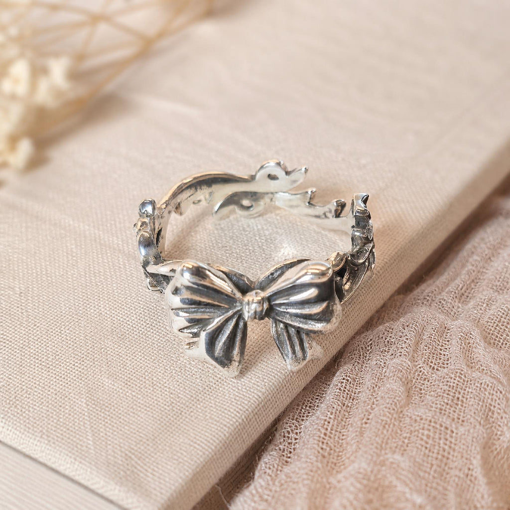 S925 Brand New Sterling Silver Bow Ring: Unique Design Adjustable Ribbon Jewelry