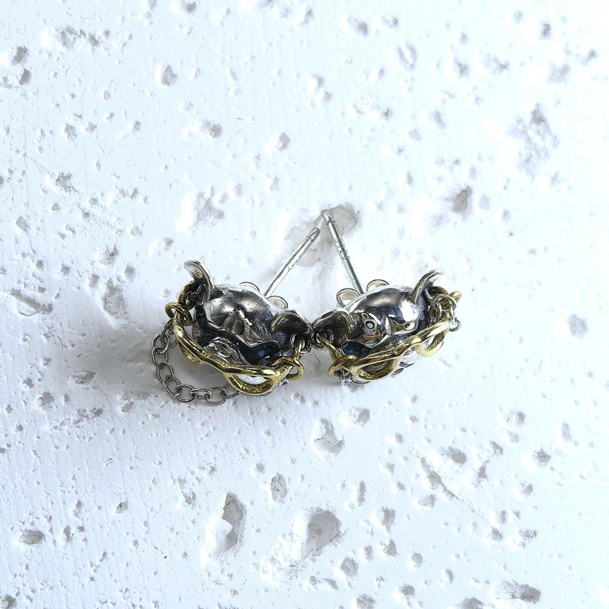 925 Sterling Silver Bulldog Stud Earrings Movable Gold Tone Glasses Chain Detail French Bulldog Earrings Dog Lover Gift Jewelry