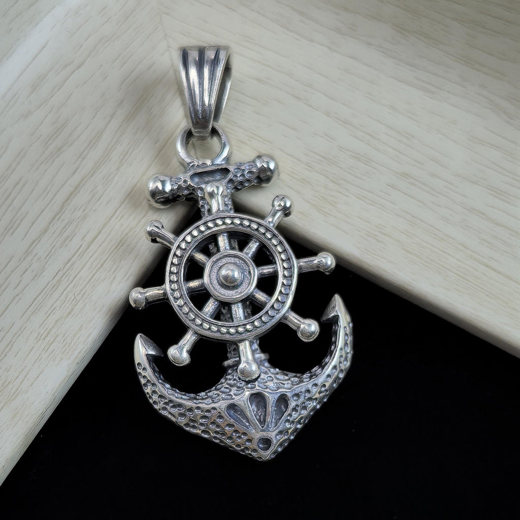 Sterling Silver S925 Anchor & Ship Wheel Pendant Necklace – Nautical Maritime Jewelry Gift