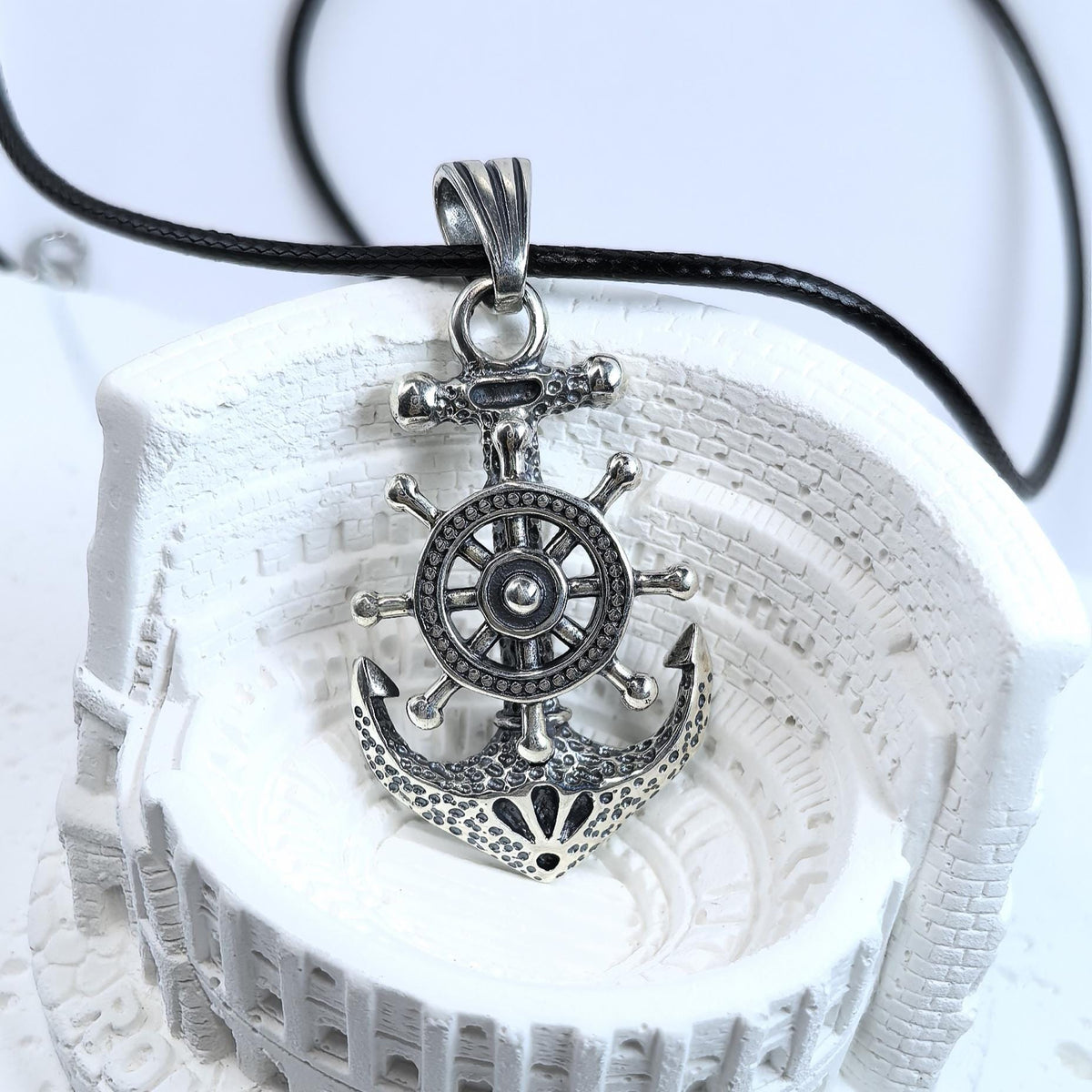 Sterling Silver S925 Anchor & Ship Wheel Pendant Necklace – Nautical Maritime Jewelry Gift