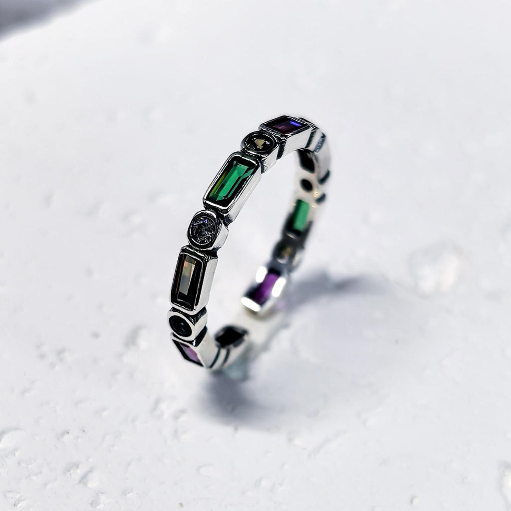 925 Sterling Silver Colorful Zircon Open Ring Rainbow Adjustable Stacking Band