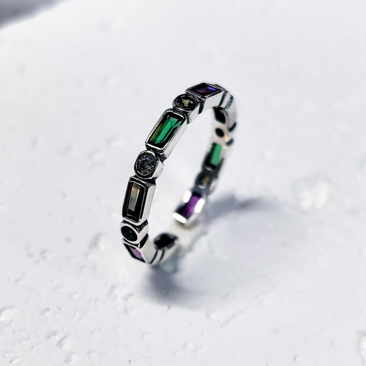 925 Sterling Silver Colorful Zircon Open Ring Rainbow Adjustable Stacking Band