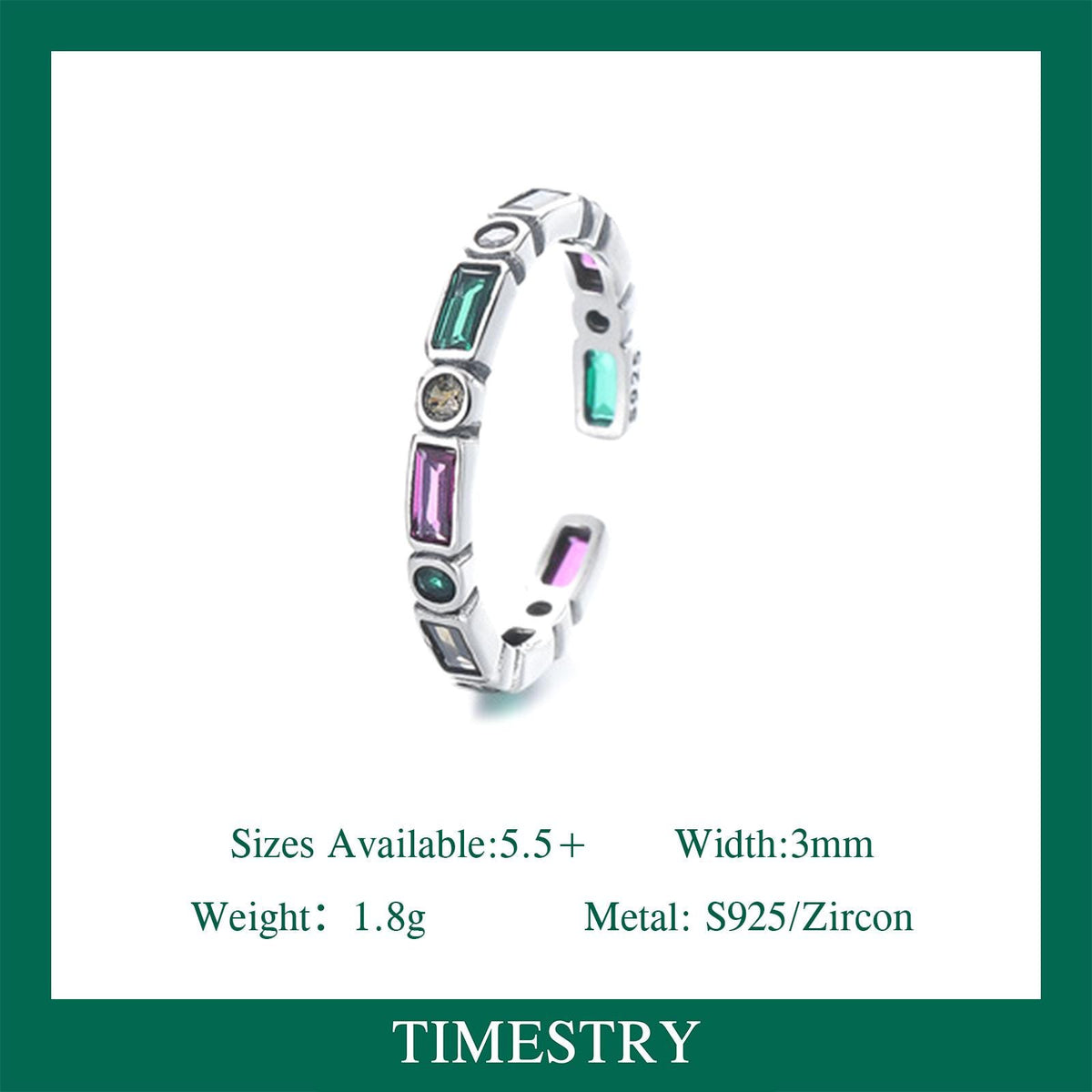 925 Sterling Silver Colorful Zircon Open Ring Rainbow Adjustable Stacking Band