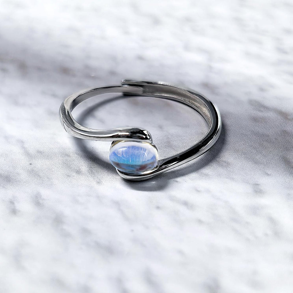 Iridescent Opalite Moonstone Ring: Adjustable Sterling Silver S925 - Moonstone Glow