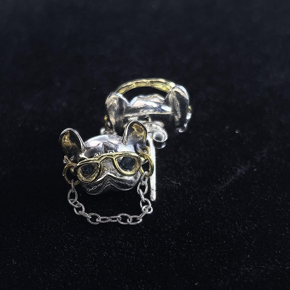 925 Sterling Silver Bulldog Stud Earrings Movable Gold Tone Glasses Chain Detail French Bulldog Earrings Dog Lover Gift Jewelry