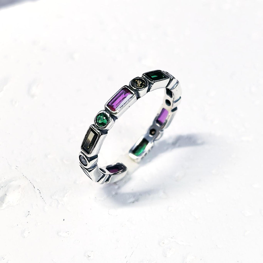 925 Sterling Silver Colorful Zircon Open Ring Rainbow Adjustable Stacking Band