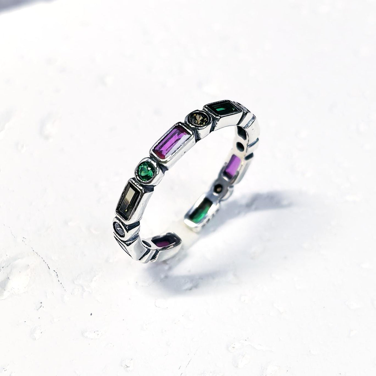 925 Sterling Silver Colorful Zircon Open Ring Rainbow Adjustable Stacking Band