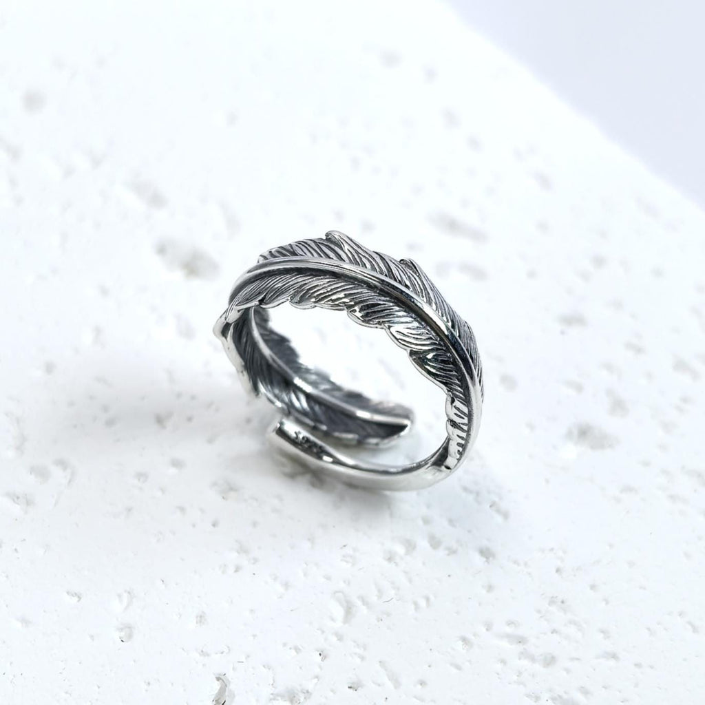 S925 Sterling Silver Feather Ring – Adjustable Band Custom Free Engraving