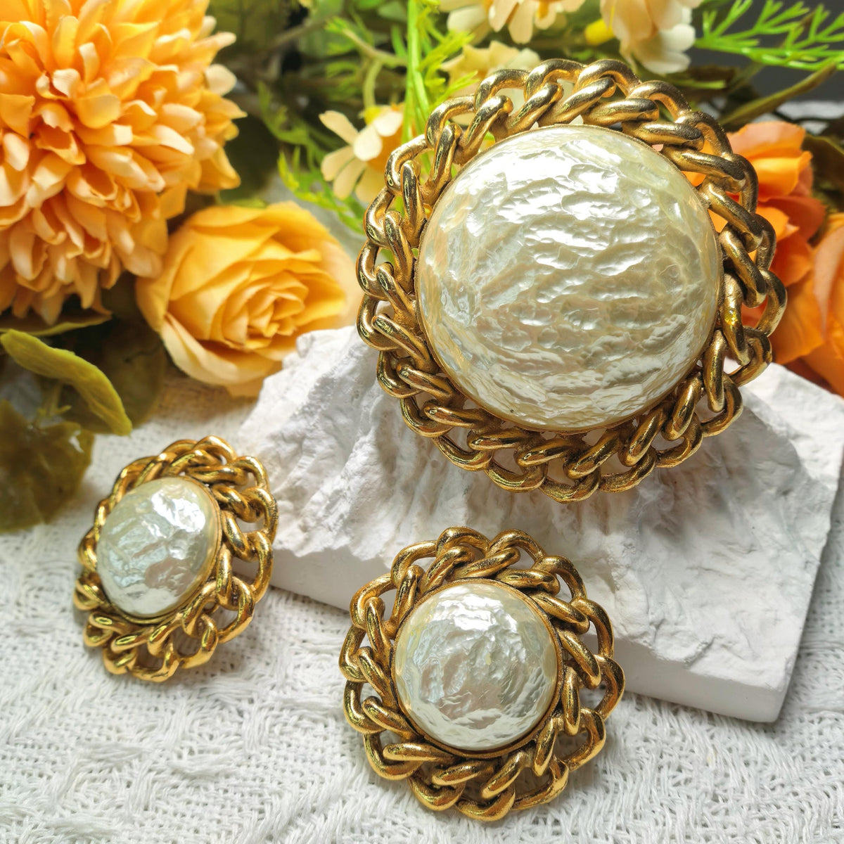 Rare Set - 1950s Vintage Sarah Coventry Faux Pearl Brooch & Earrings Set Gold Tone Statement Jewelry Signed Sarah Cov Costume Jewelry