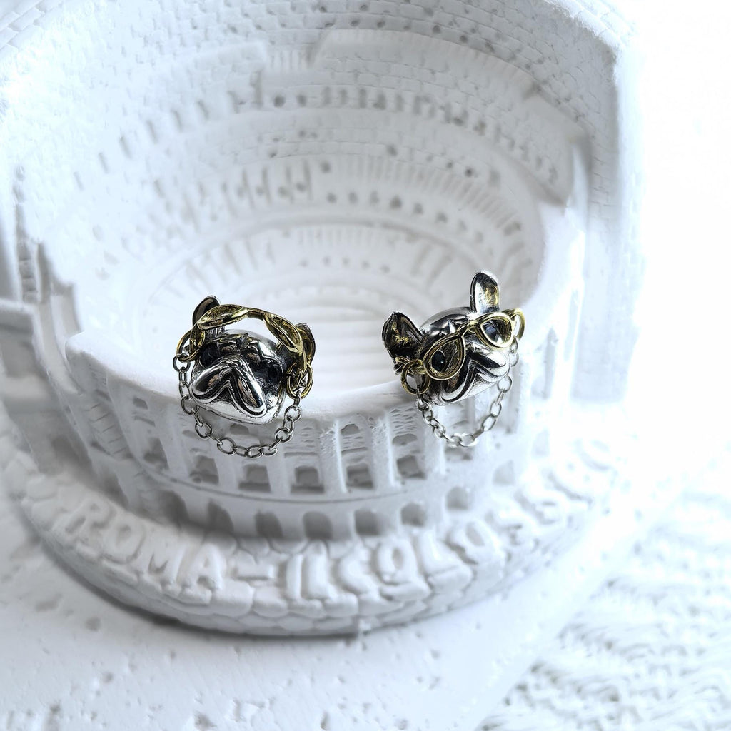 925 Sterling Silver Bulldog Stud Earrings Movable Gold Tone Glasses Chain Detail French Bulldog Earrings Dog Lover Gift Jewelry