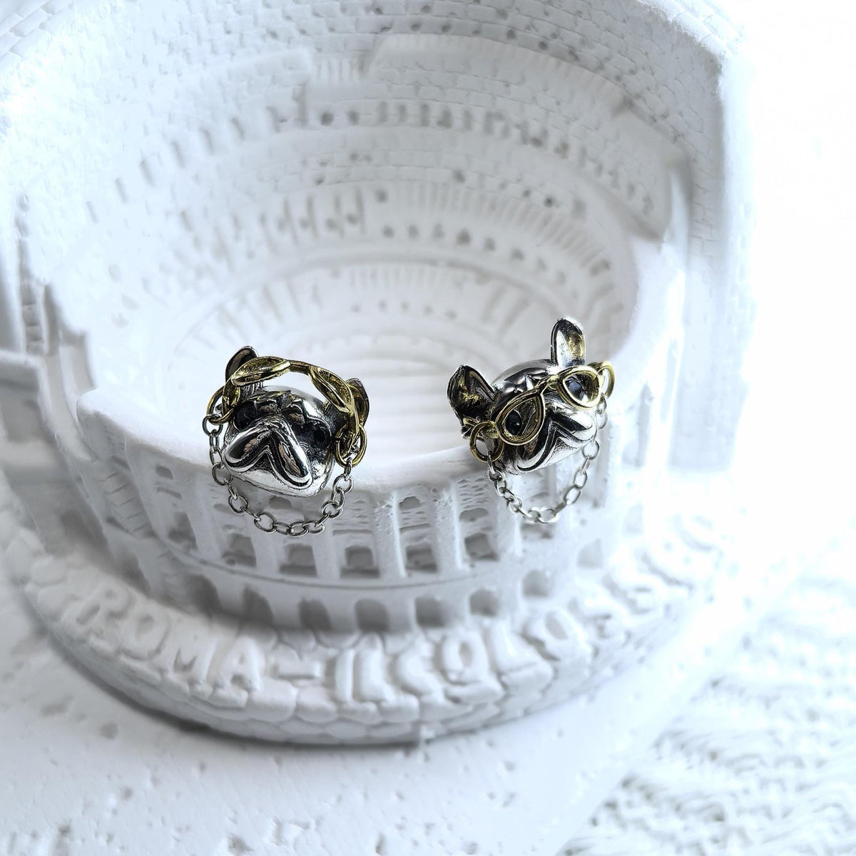 925 Sterling Silver Bulldog Stud Earrings Movable Gold Tone Glasses Chain Detail French Bulldog Earrings Dog Lover Gift Jewelry
