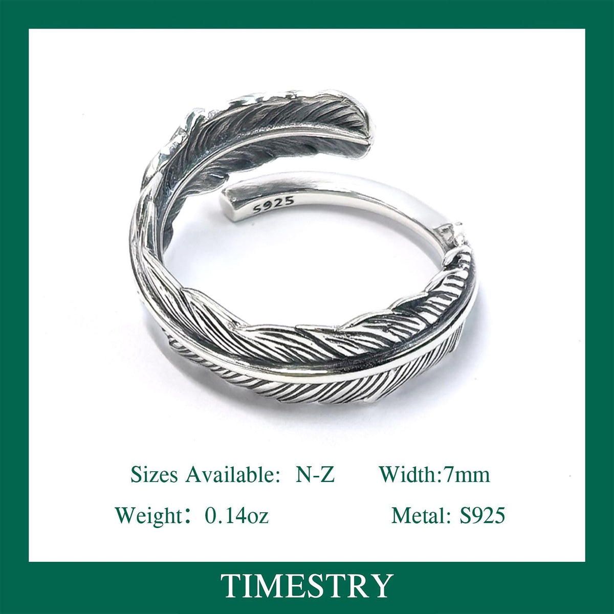 S925 Sterling Silver Feather Ring – Adjustable Band Custom Free Engraving