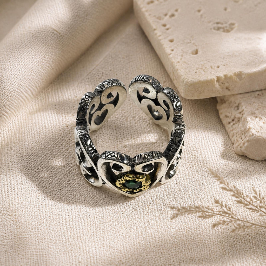 S925 Sterling Silver Heart Ring with Green Stone-Adjustable Size-Vintage Design