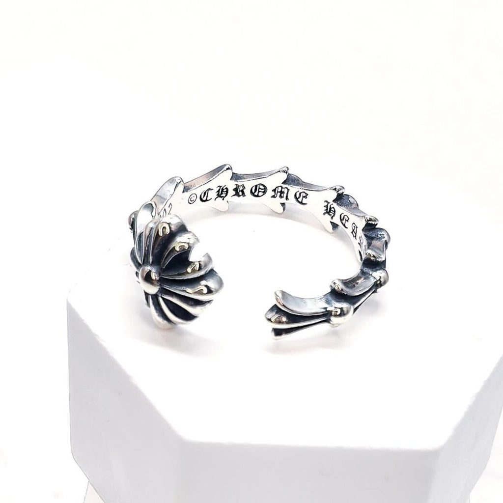 925 Sterling Silver Gothic Cross Flower Ring Oxidized Silver Open Ring Vintage Style Floral Statement Jewelry