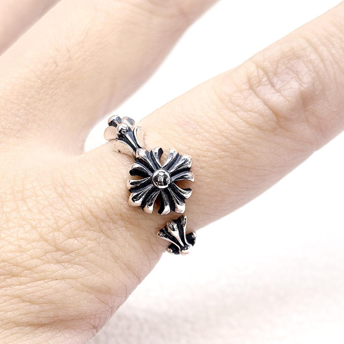 925 Sterling Silver Gothic Cross Flower Ring Oxidized Silver Open Ring Vintage Style Floral Statement Jewelry