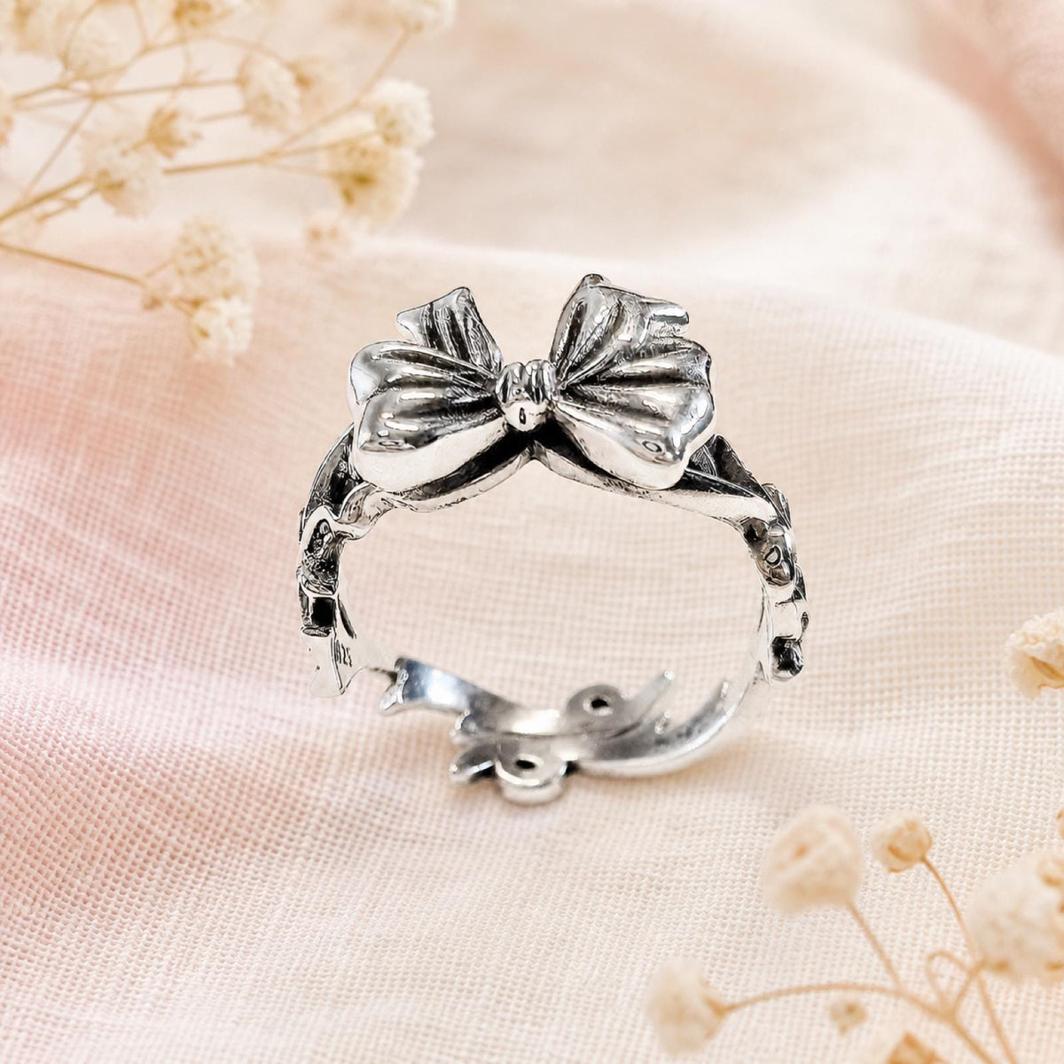 S925 Brand New Sterling Silver Bow Ring: Unique Design Adjustable Ribbon Jewelry