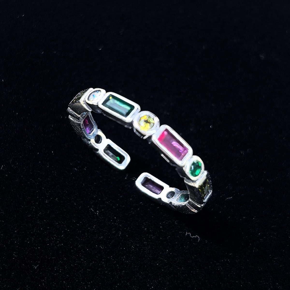 925 Sterling Silver Colorful Zircon Open Ring Rainbow Adjustable Stacking Band