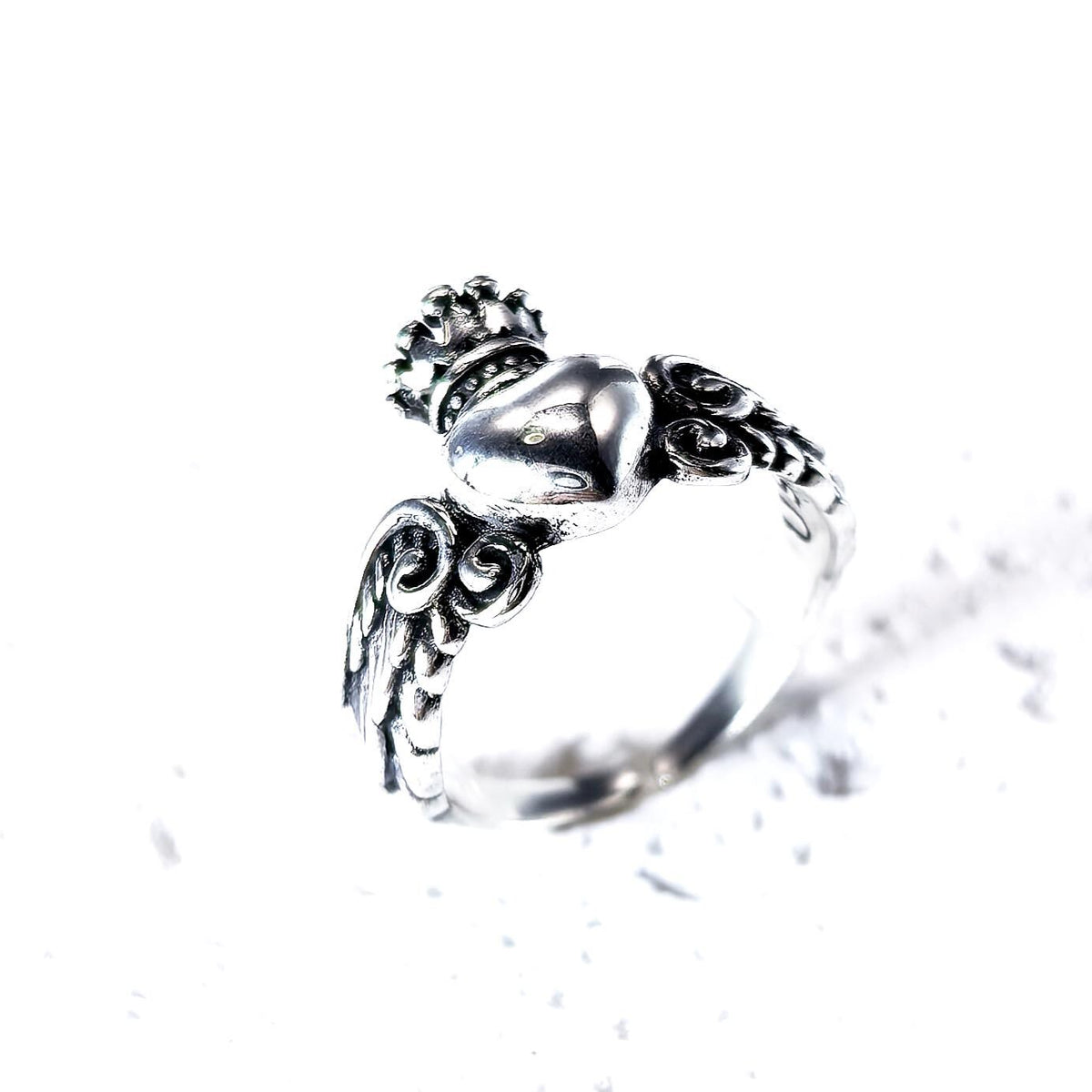 Sterling Silver Crowned Heart Ring – Winged Claddagh Style, Adjustable Band