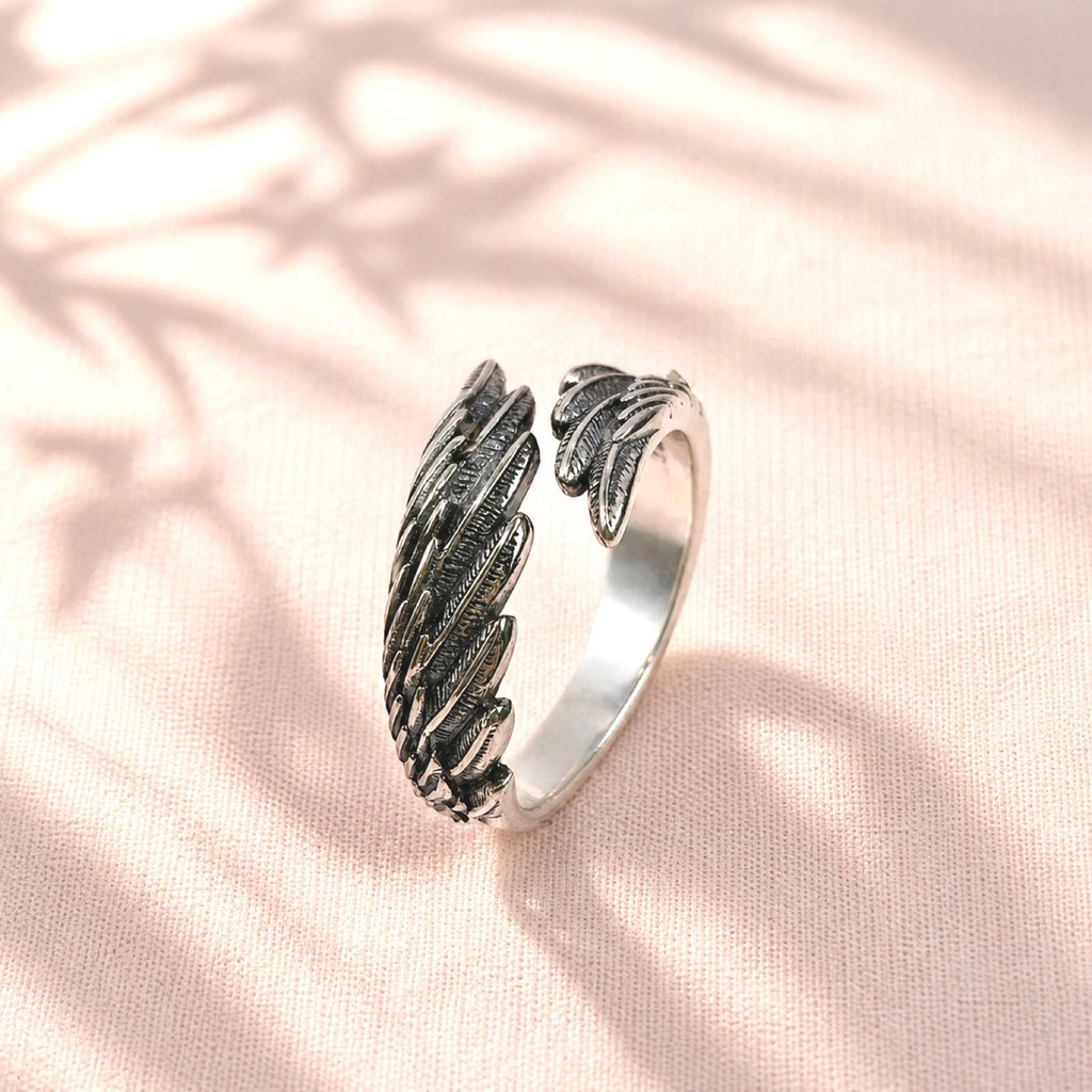 Sterling Silver Angel Wing Ring: Adjustable Feather Jewelry, Free Engraving