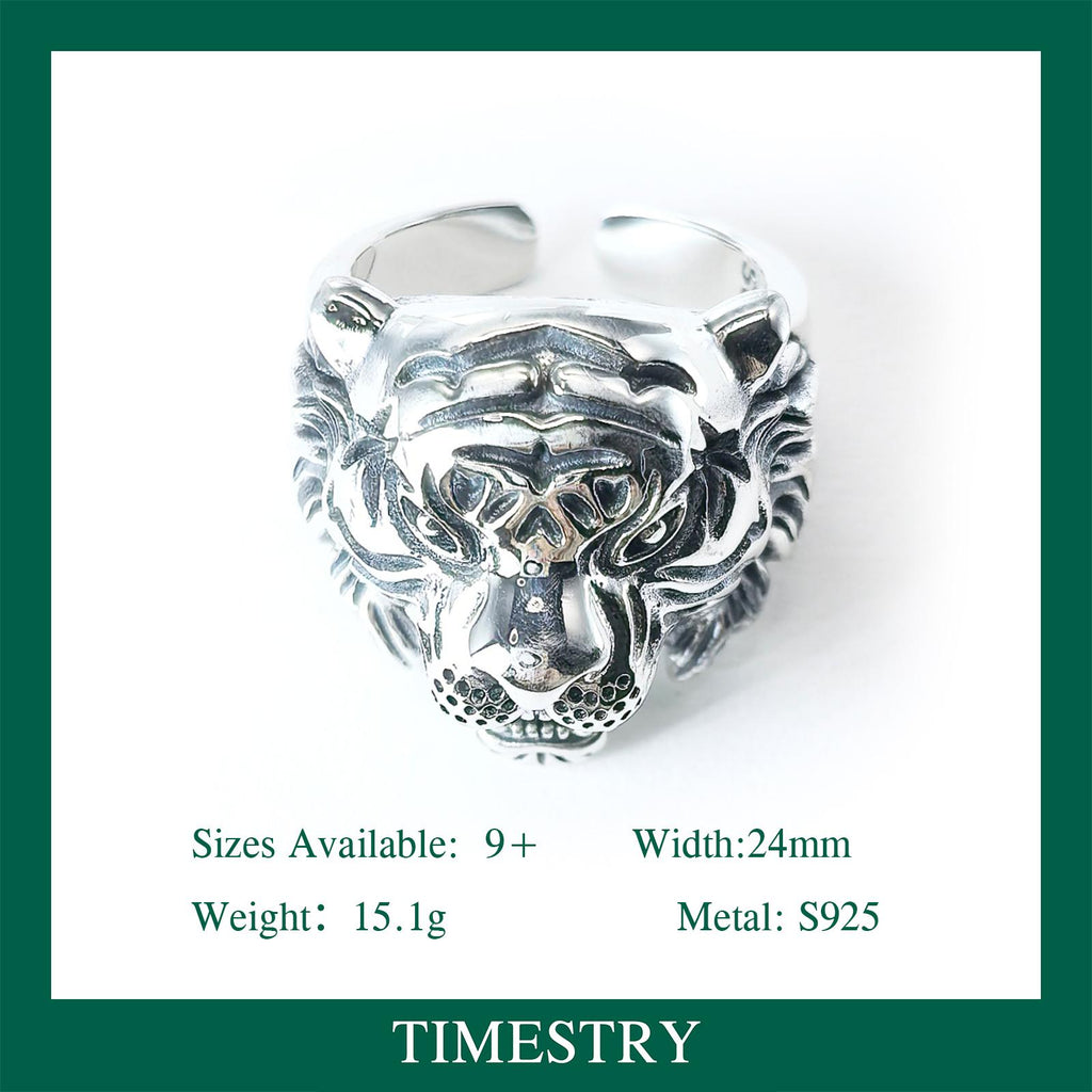 Handmade S925 Sterling Silver Tiger Head Ring, Gothic Biker Jewelry