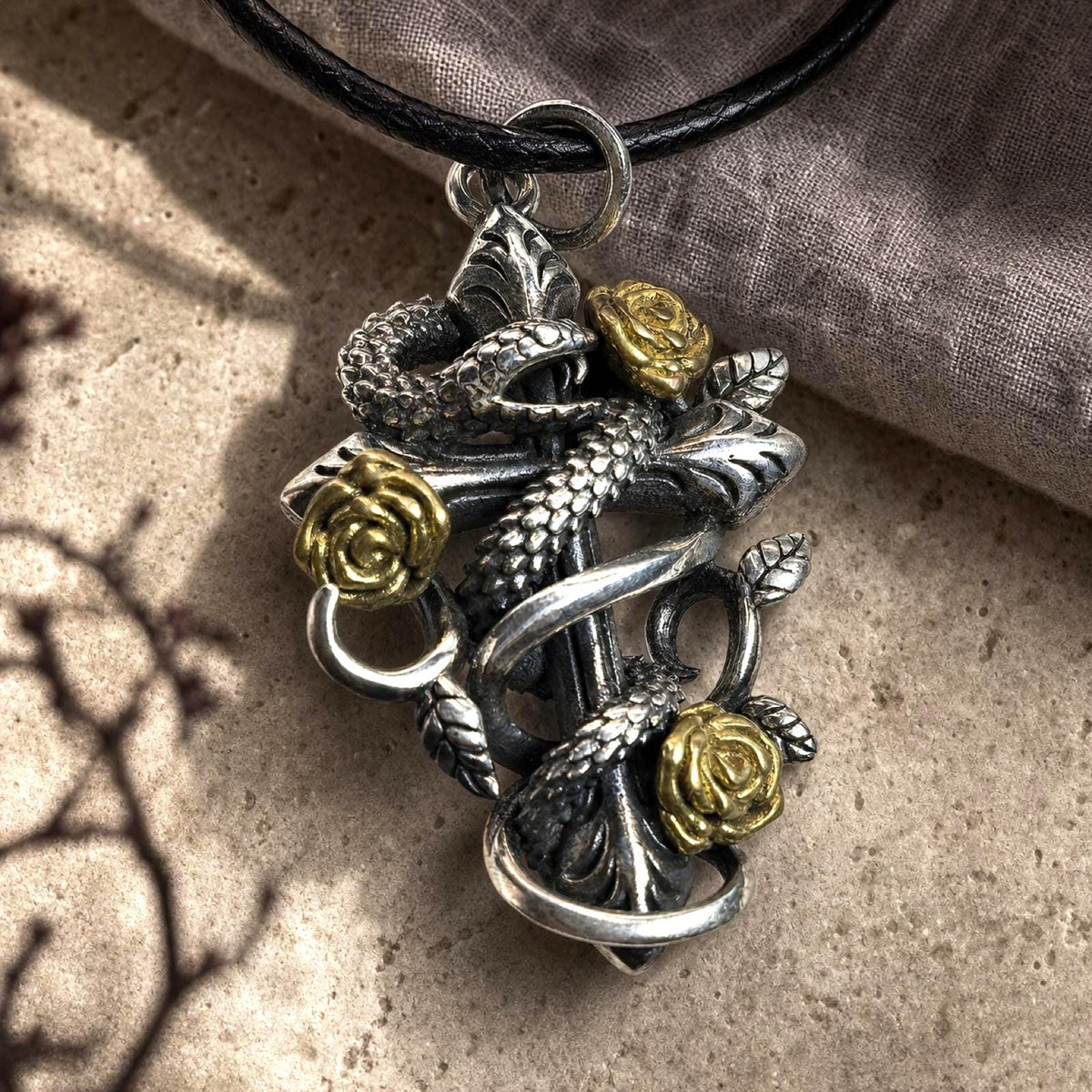 S925 Sterling Silver Snake & Rose Cross Pendant – Gothic Medieval Style Jewelry Free Customization Engraving