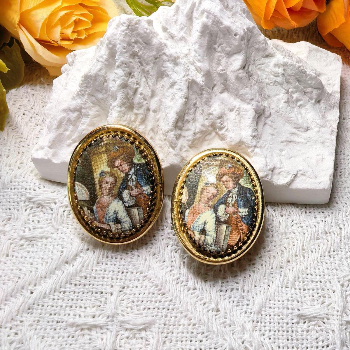 Rare Pair- Vintage Whiting & Davis Earrings Signed Gold Tone Georgian Couple Portrait Earrings 18th Century Scene Jewelry