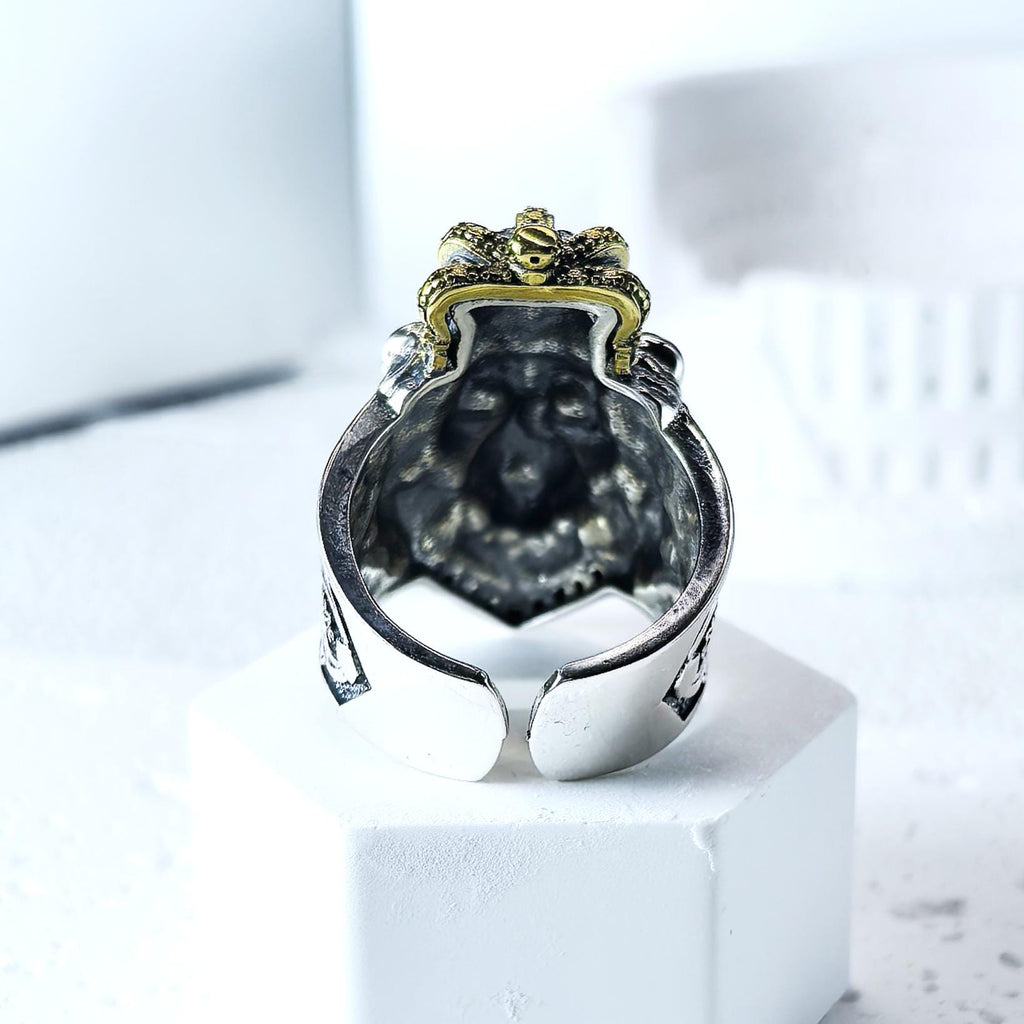 Sterling Silver 925 Lion Head Crown Ring Heavy Gothic Biker Statement