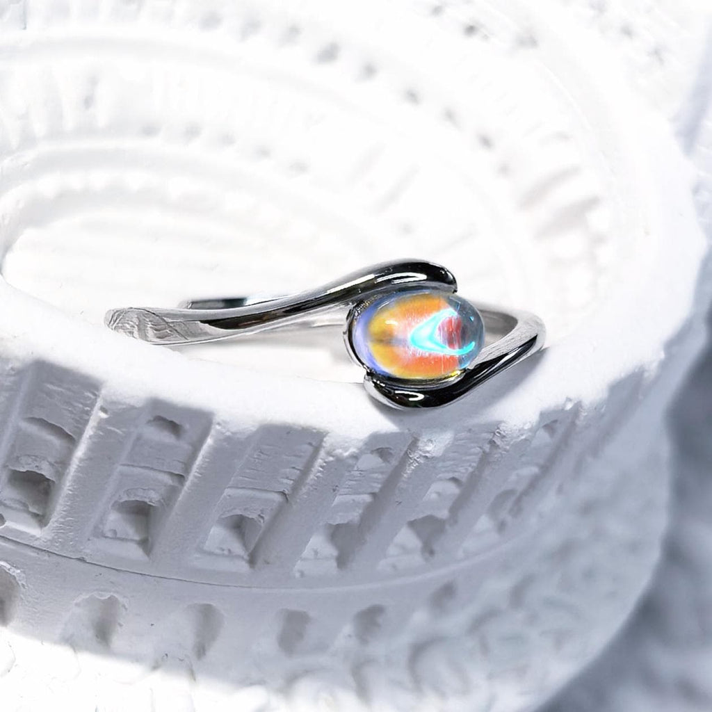 Iridescent Opalite Moonstone Ring: Adjustable Sterling Silver S925 - Moonstone Glow