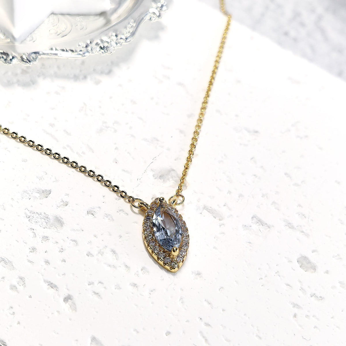 Eye of the Ocean- Natural Aquamarine S925 Sterling Silver Necklace with 18K Gold-Plated Zircon Border