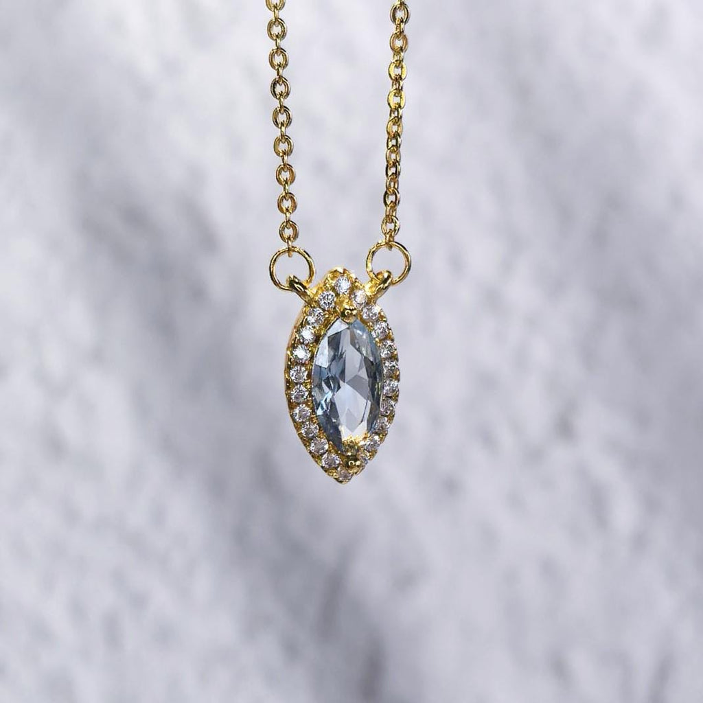 Eye of the Ocean- Natural Aquamarine S925 Sterling Silver Necklace with 18K Gold-Plated Zircon Border