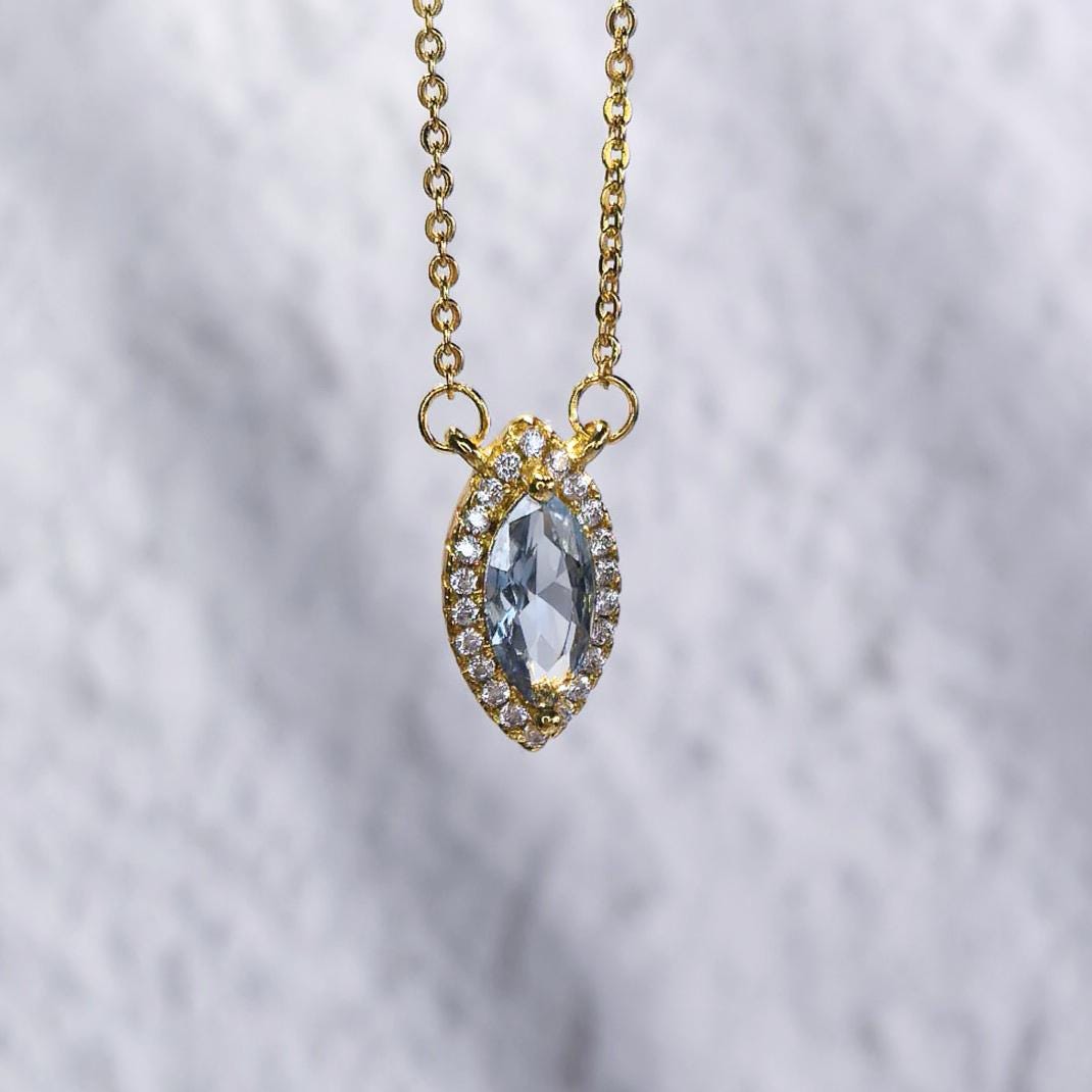 Eye of the Ocean- Natural Aquamarine S925 Sterling Silver Necklace with 18K Gold-Plated Zircon Border